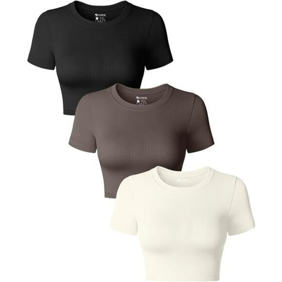 OQQ Womens Crop Top Set 3 Pack Fitted Short Sleeve Crew Neck Stretch Shirts - Picture 1 of 7